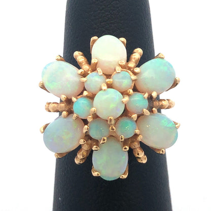 Stunning Vintage 14K Yellow Gold Opal Flower Cluster October Cocktail Ring