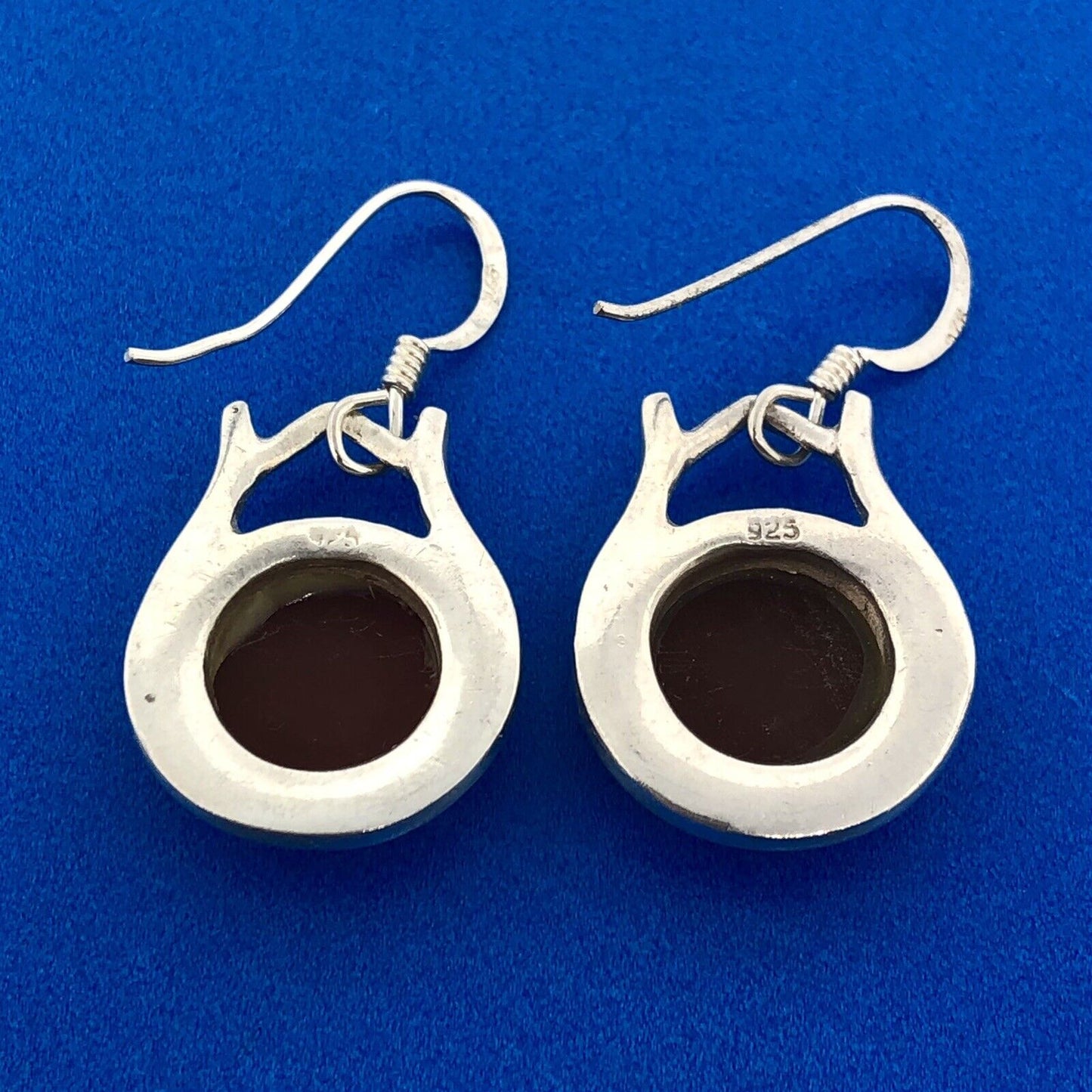 Stunning Sterling Silver 925 Cabochon Amber Circular Dangle Hook Earrings