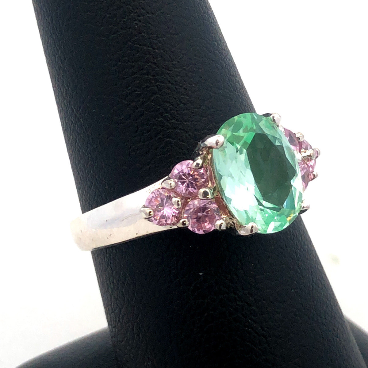 Designer HAN 925 Sterling Silver Oval Seyfoam Green Pink CZ Accent Cocktail Ring