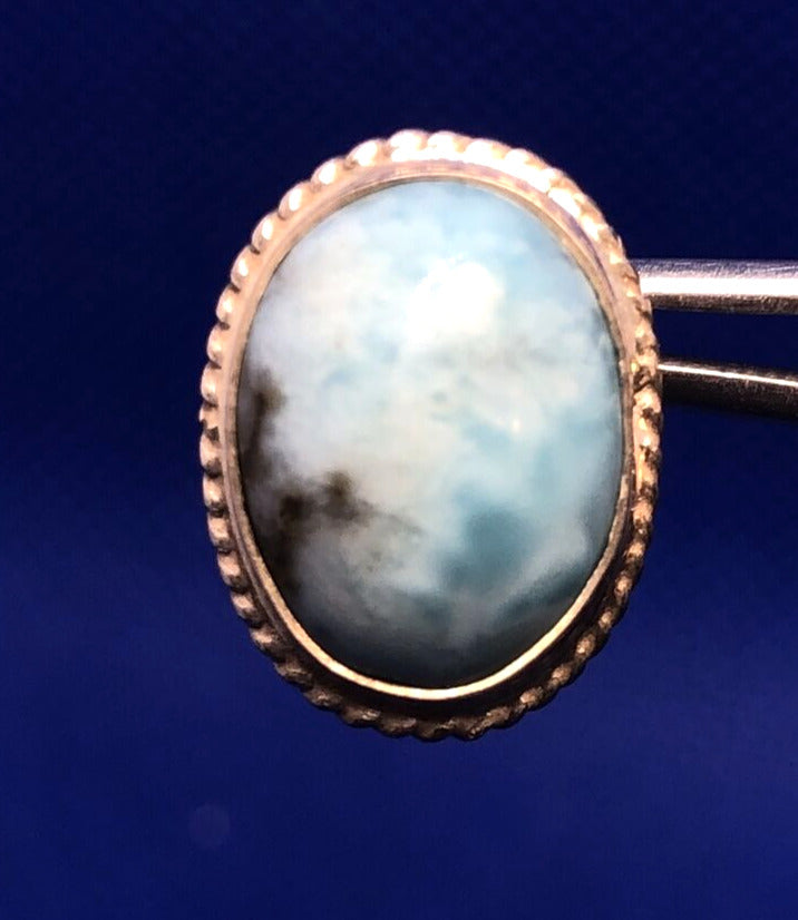 Vintage 925 Sterling Silver Blue Larimar Oval Statement Stud Earrings