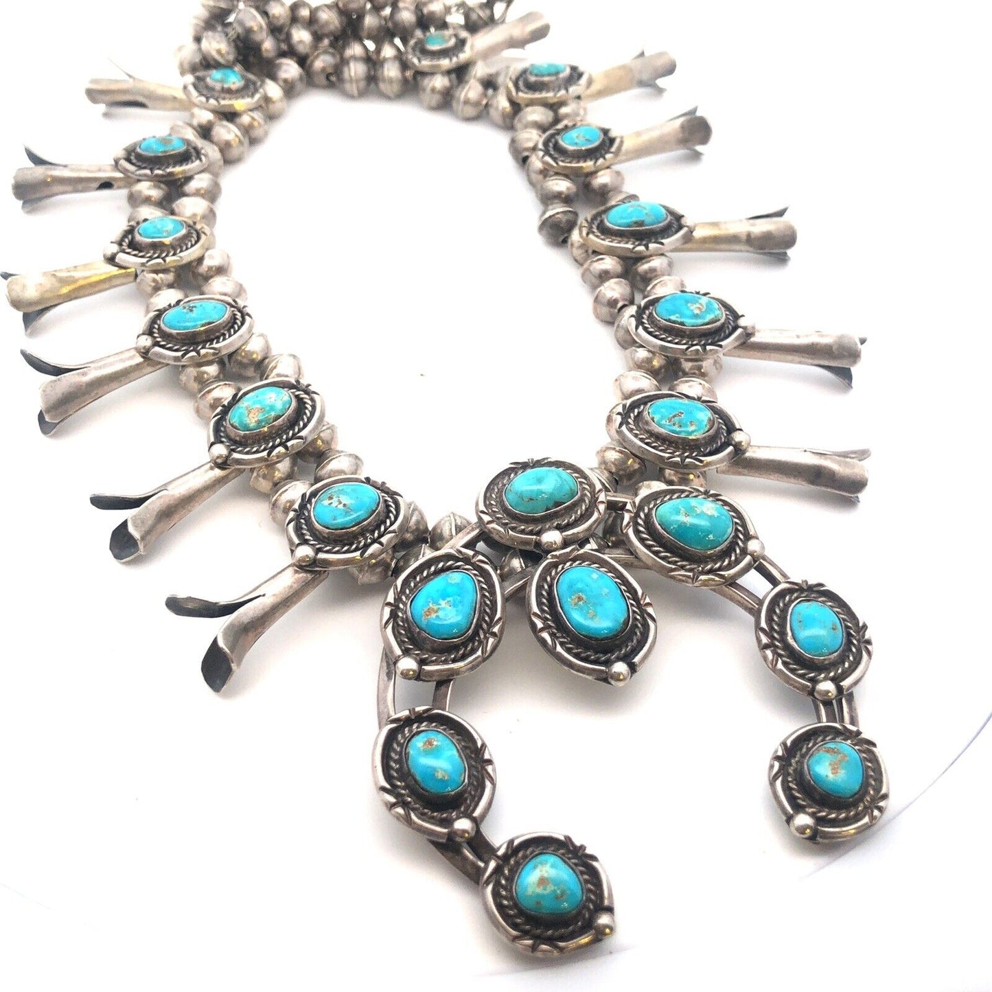 Vintage Native American 925 Sterling Silver Turquoise Squash Blossom Necklace
