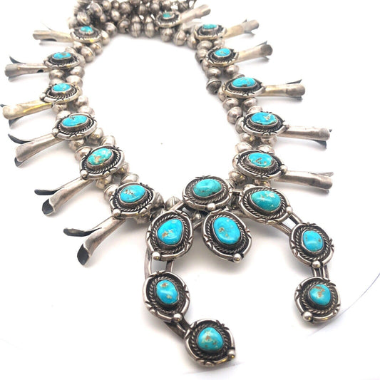 Vintage Native American 925 Sterling Silver Turquoise Squash Blossom Necklace