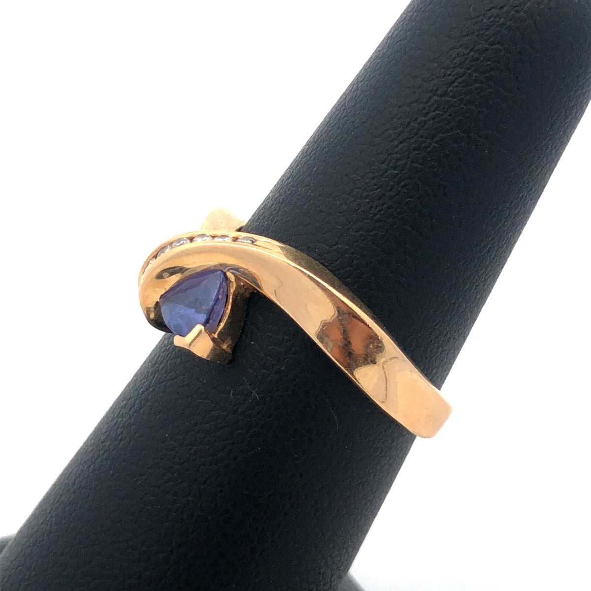 14k Yellow Gold Trillion Tanzanite Diamond Modernist Bypass Cocktail Ring