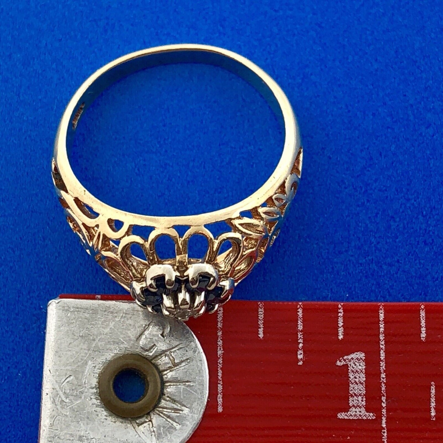 Vintage 10K Yellow Gold Sapphire Diamond Open Work September Cocktail Dome Ring
