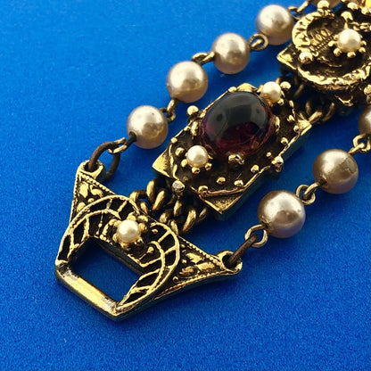 Vintage Gold Tone Faux Gem Pearl Cabochon Rhinestone Statement Panel Bracelet