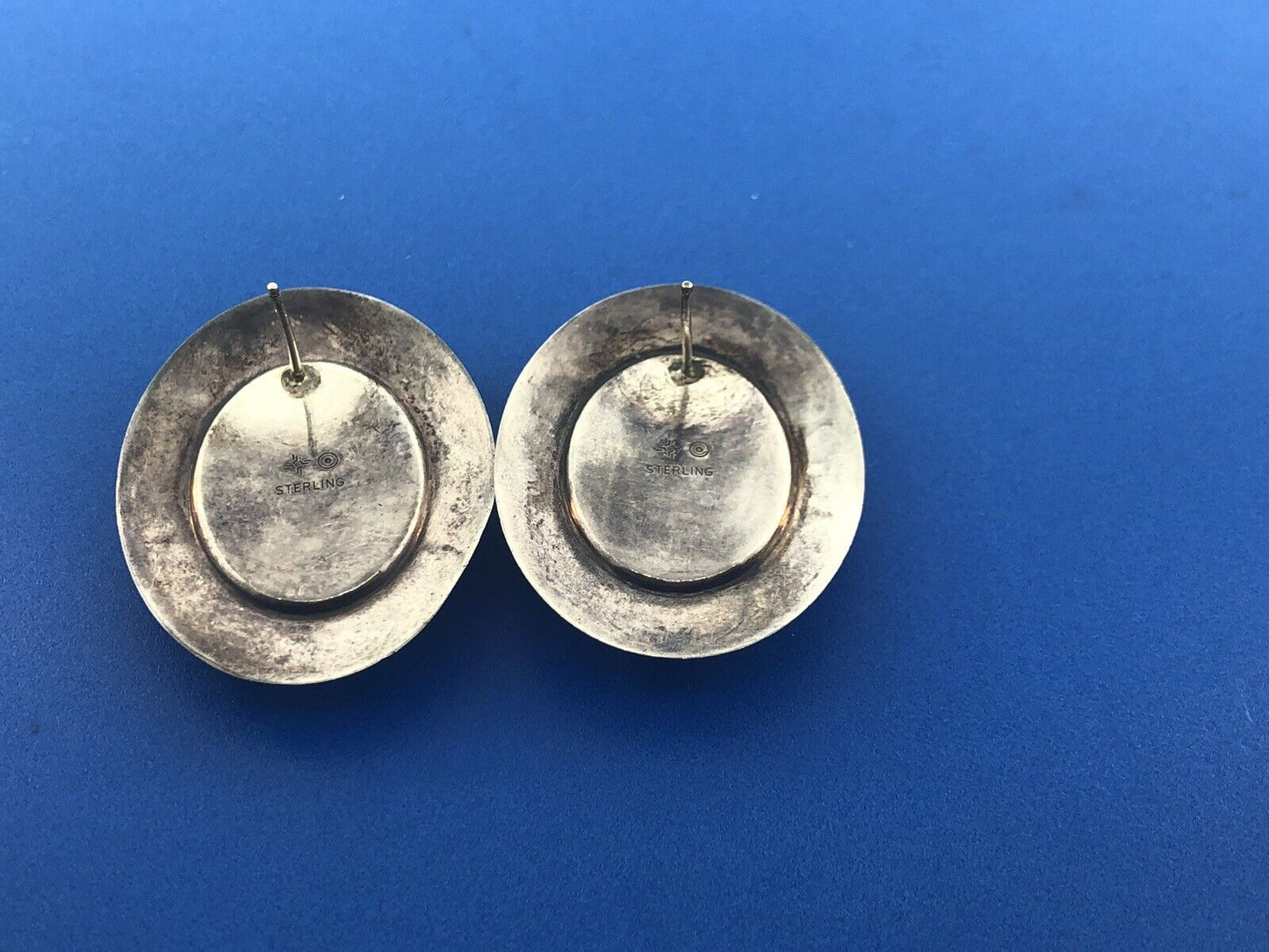 Native American Artisan Sterling Silver Turquoise MultiGem Inlay Concho Earrings