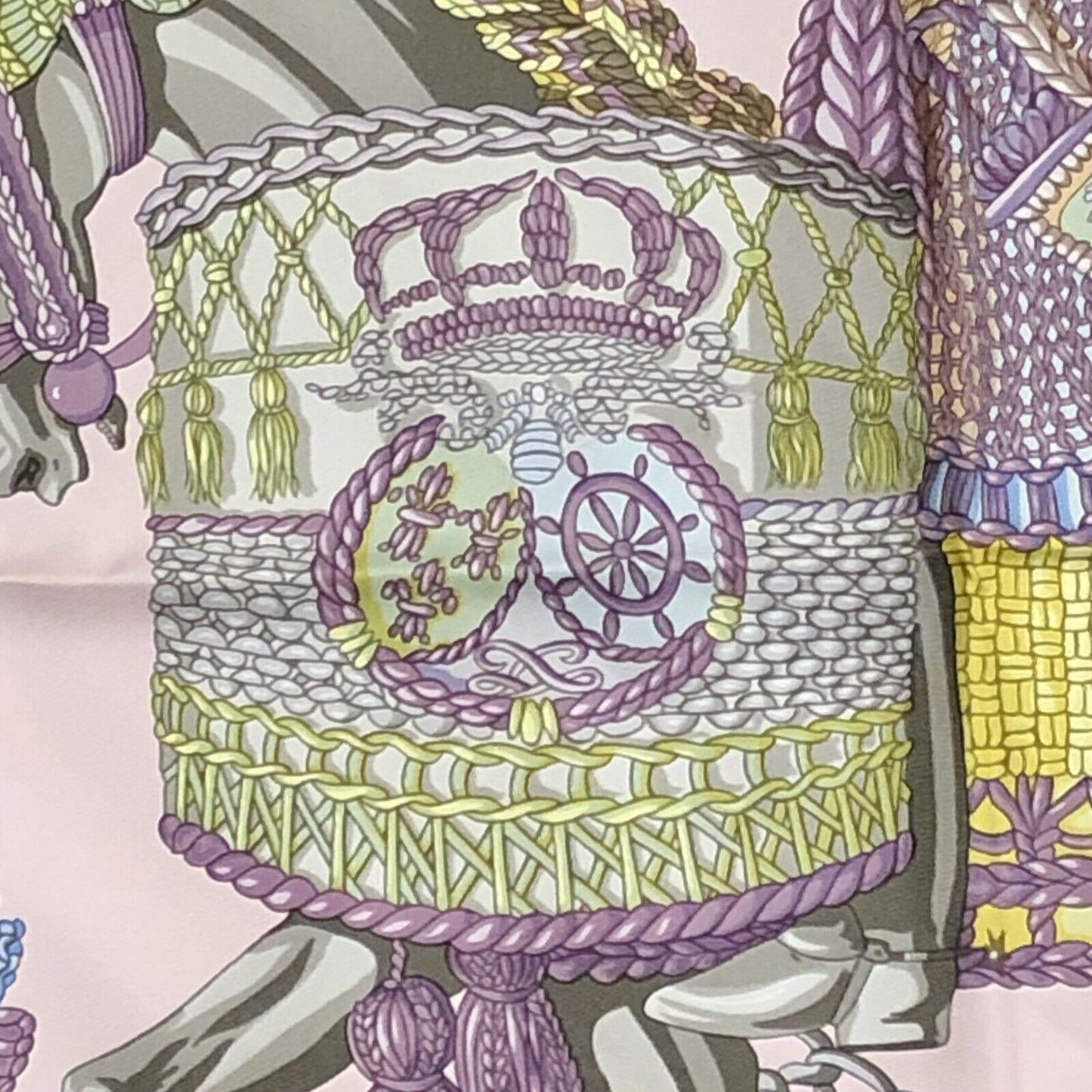 Hermes Carre 90 Silk Le Timbalier Twill Violet Rose Pink Neckerchief Scarf