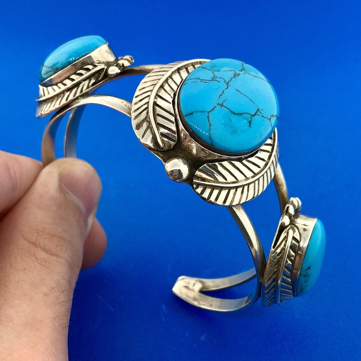 Vintage Taxco TC-216 Sterling Silver 925 Turquoise Trio Statement Cuff Bracelet