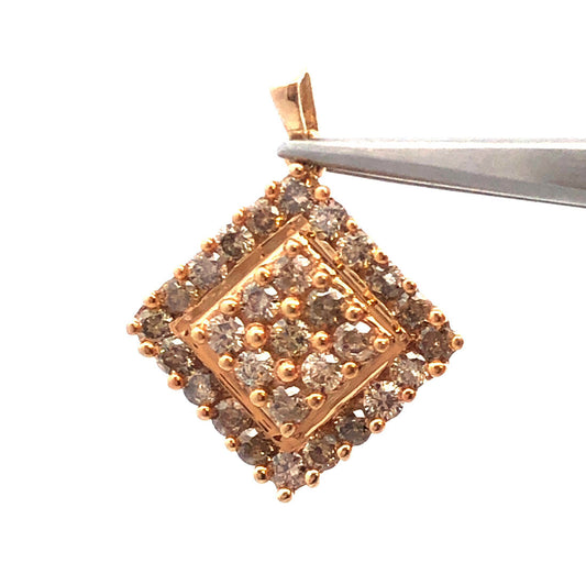 Designer SJ 10K Yellow Gold Round Honey Toned Diamond Square Statement Pendant