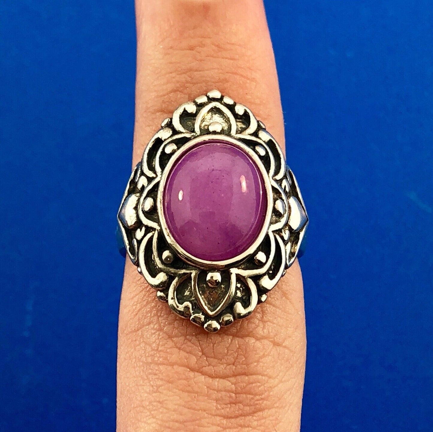 Vintage FAS Sterling Silver 925 Pink Tourmaline Cabochon Scroll Fashion Ring