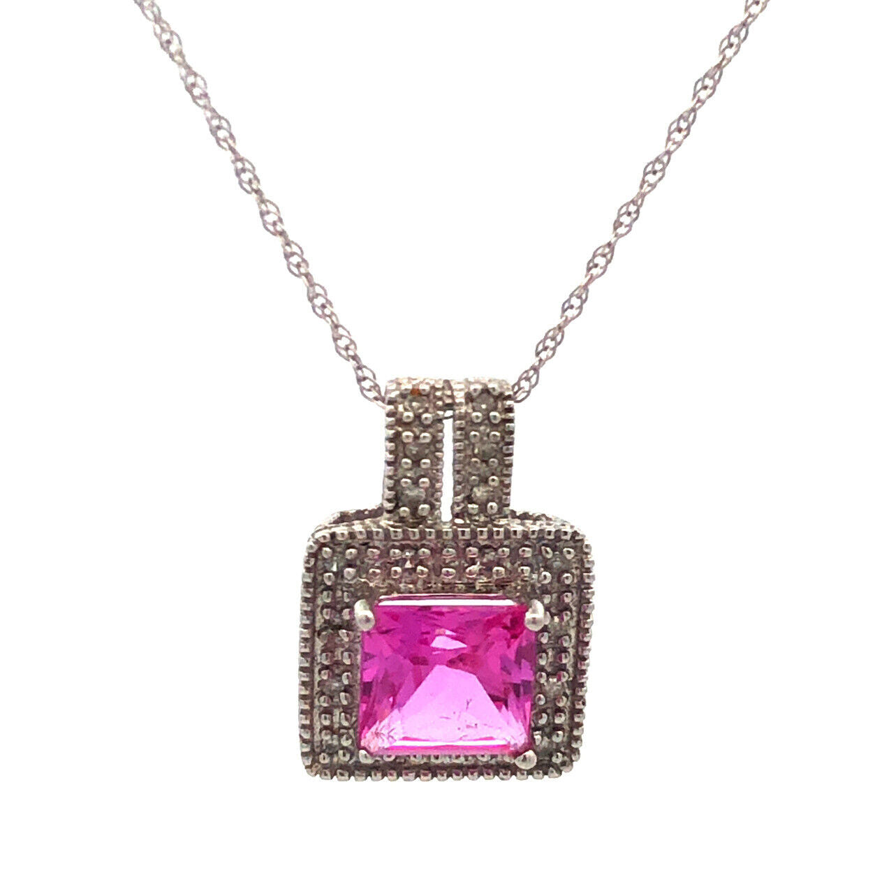 Designer 10K White Gold Princess Pink Sapphire Diamond Pendant Necklace