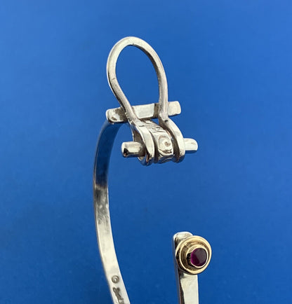 Sun Lyon Studio 925 Sterling Silver 14K Gold Ruby Hand Wrought Cuff Bracelet