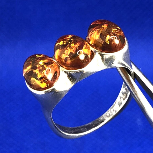 Estate Oval Amber Cabochons 925 Sterling Silver Ring Size 5.5