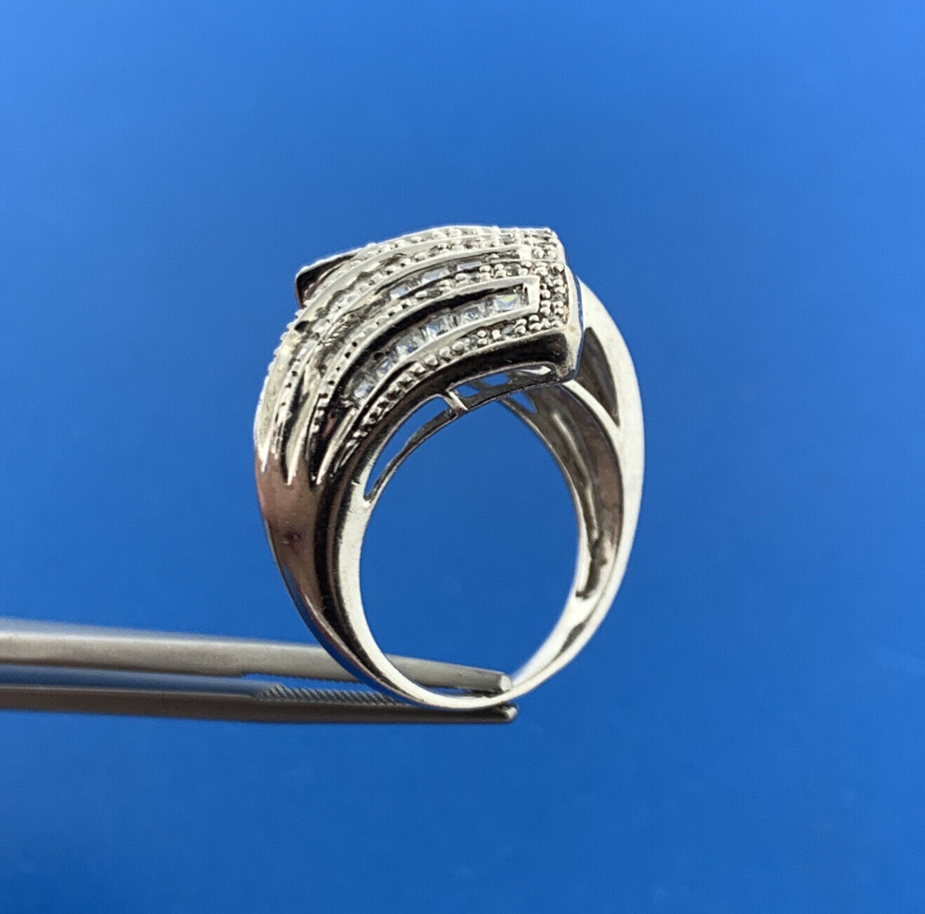 Designer MEDA Sterling Silver 925 Sparkling CZ Statement Bypass Ring Size 8