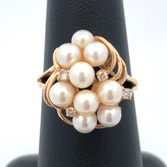 Designer 14K Yellow Gold Pearl Diamond Accented Modernist Cluster Cocktail Ring