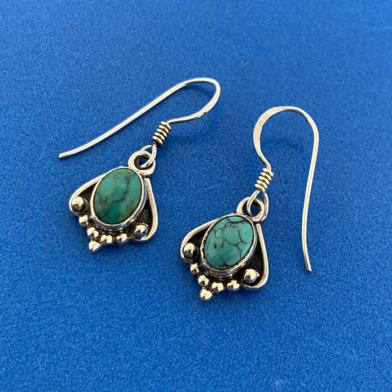 Vintage 925 Sterling Silver Turquoise Cabochon Bead Work Drop Dangle Earrings