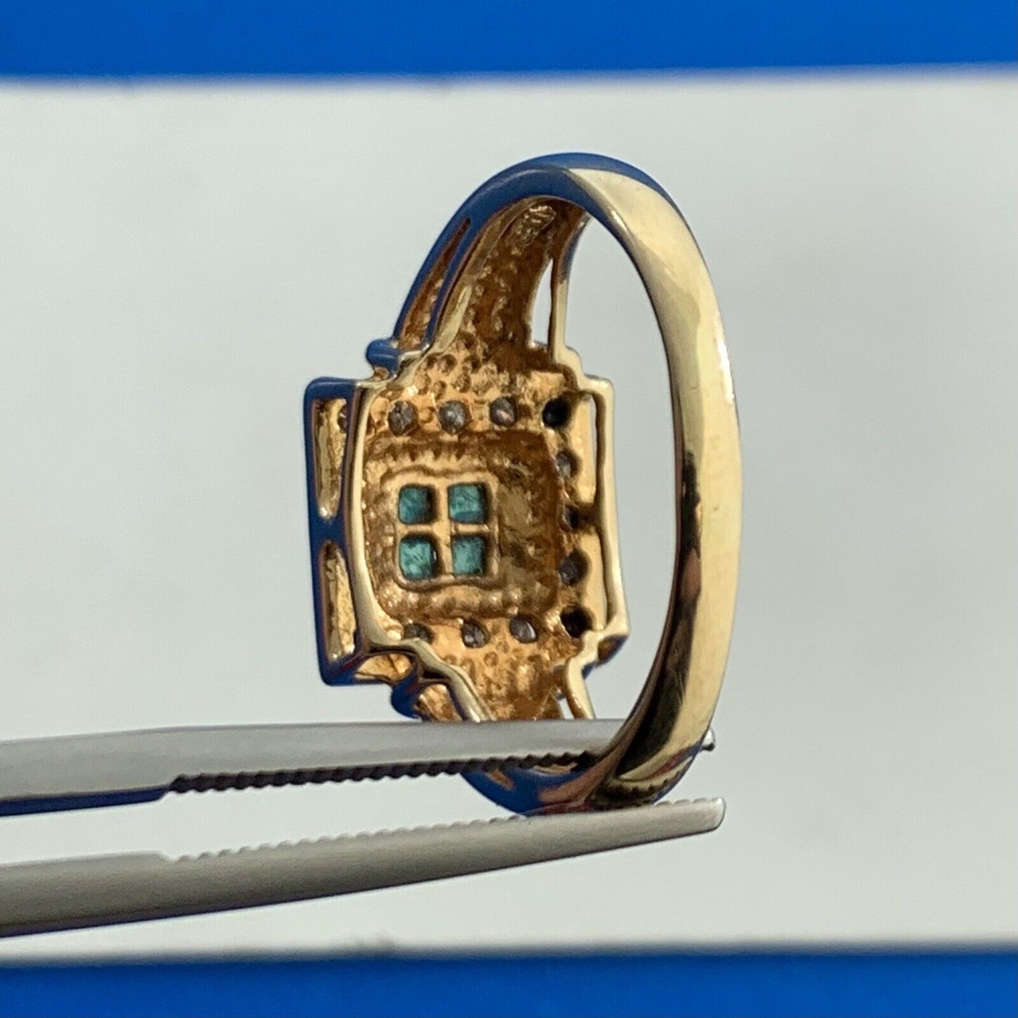 Designer 14K Yellow Gold Princess Quad Emerald Channel Set and Diamond Halo Ring