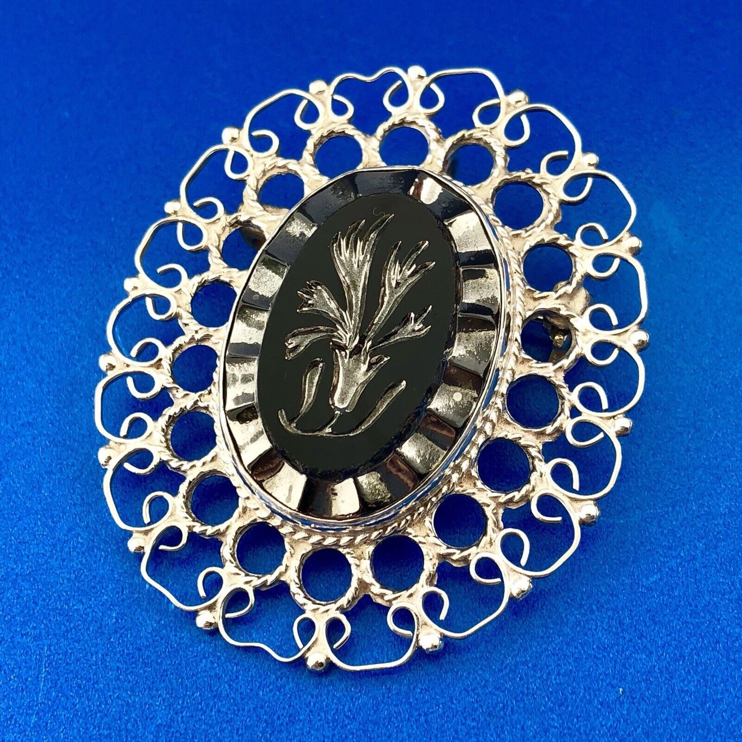 Plata De Jalisco Mexico Sterling Silver Black Intaglio Glass Pin Brooch Pendant