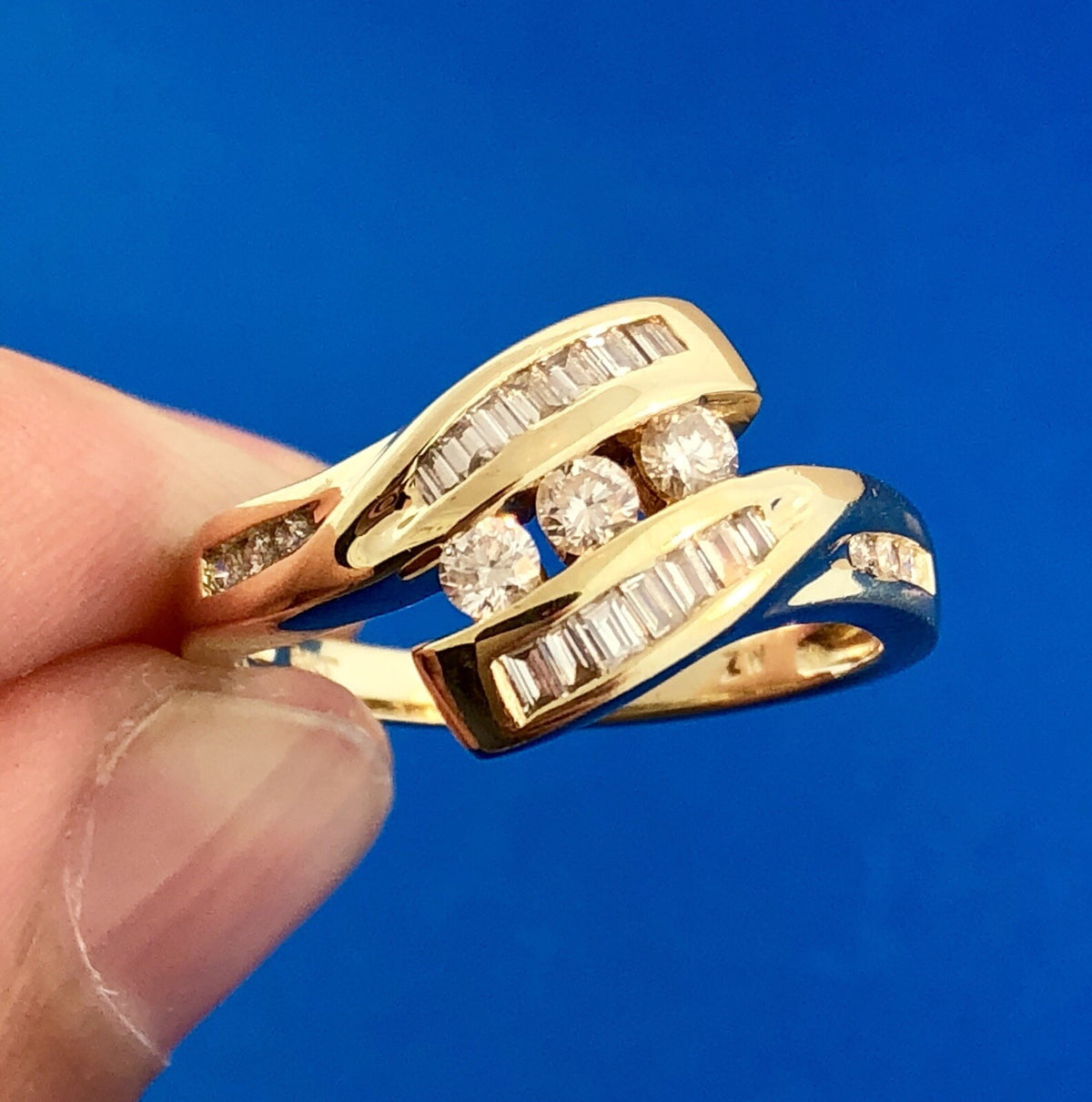Retro Modernist 14K Yellow Gold Diamond Trio Accented Bypass Anniversary Ring