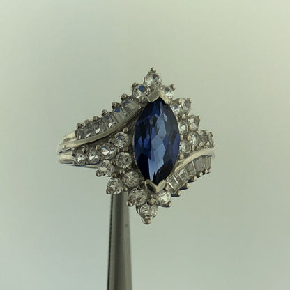 925 Sterling Silver Blue Spinel White Topaz Statement Anniversary Ring