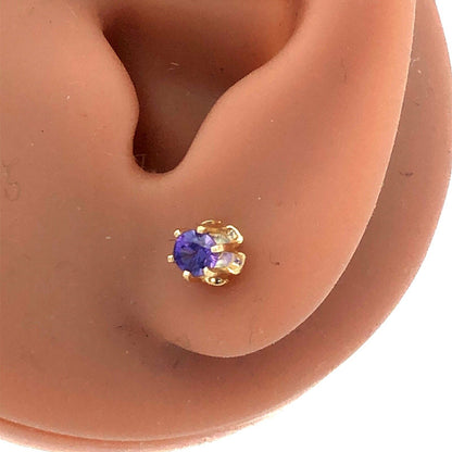 Estate 14K Yellow Gold Purple Sapphire Solitaire Buttercup Flower Stud Earrings