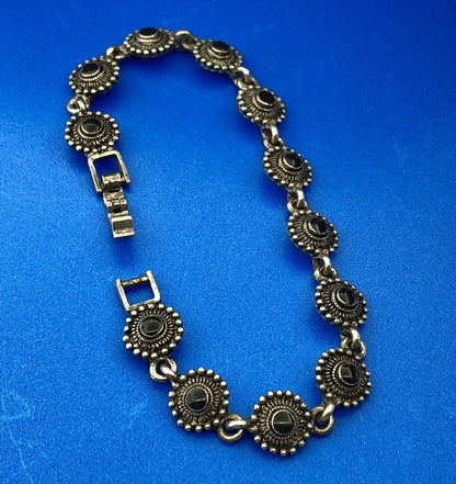 Charming Silver Tone Black Onyx Cabochon Floral Petite Bead Panel Bracelet