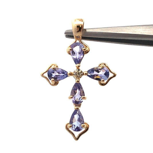 Designer Mexico 14K Yellow Gold Pear Tanzanite Diamond Accent Cross Pendant
