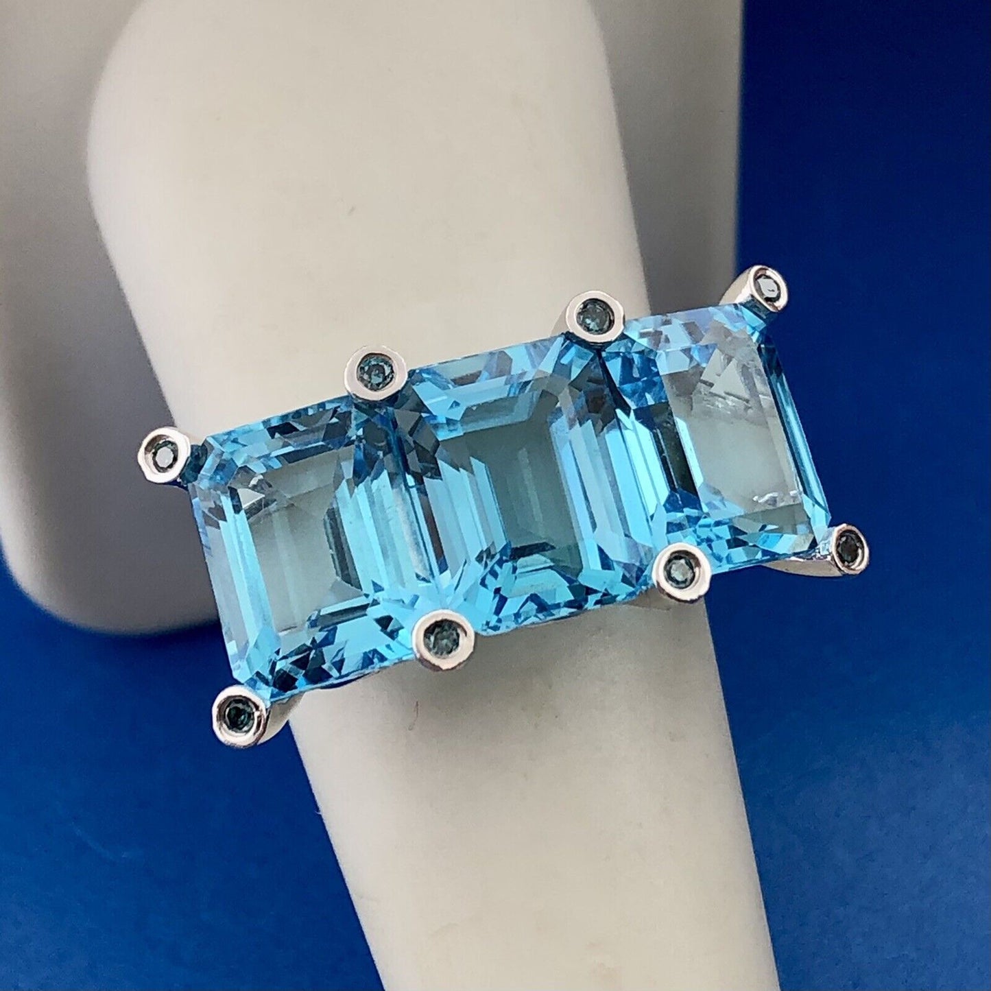 14K White Gold Emerald Cut Swiss Blue Topaz Blue Diamond Accent Size 8 Ring