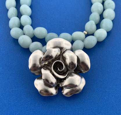 Vintage Sterling Silver Aventurine Beaded Flower Pendant Double Strand Necklace