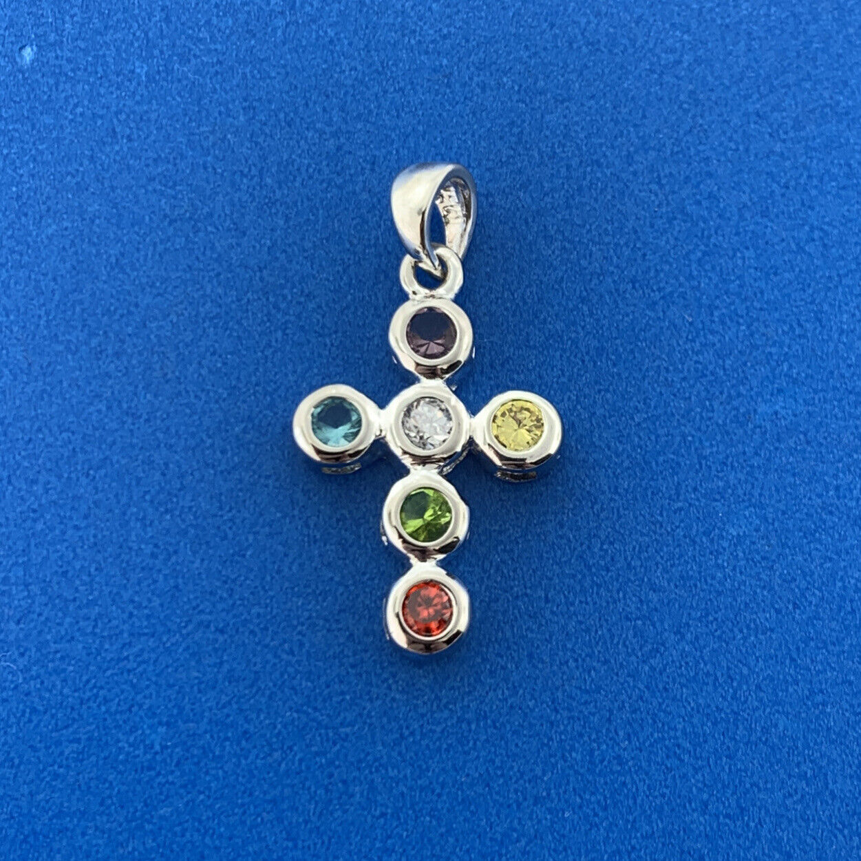 Stunning Sterling Silver 925 Multi-Color CZ Religious Faith Cross Dangle Pendant