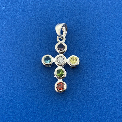 Stunning Sterling Silver 925 Multi-Color CZ Religious Faith Cross Dangle Pendant