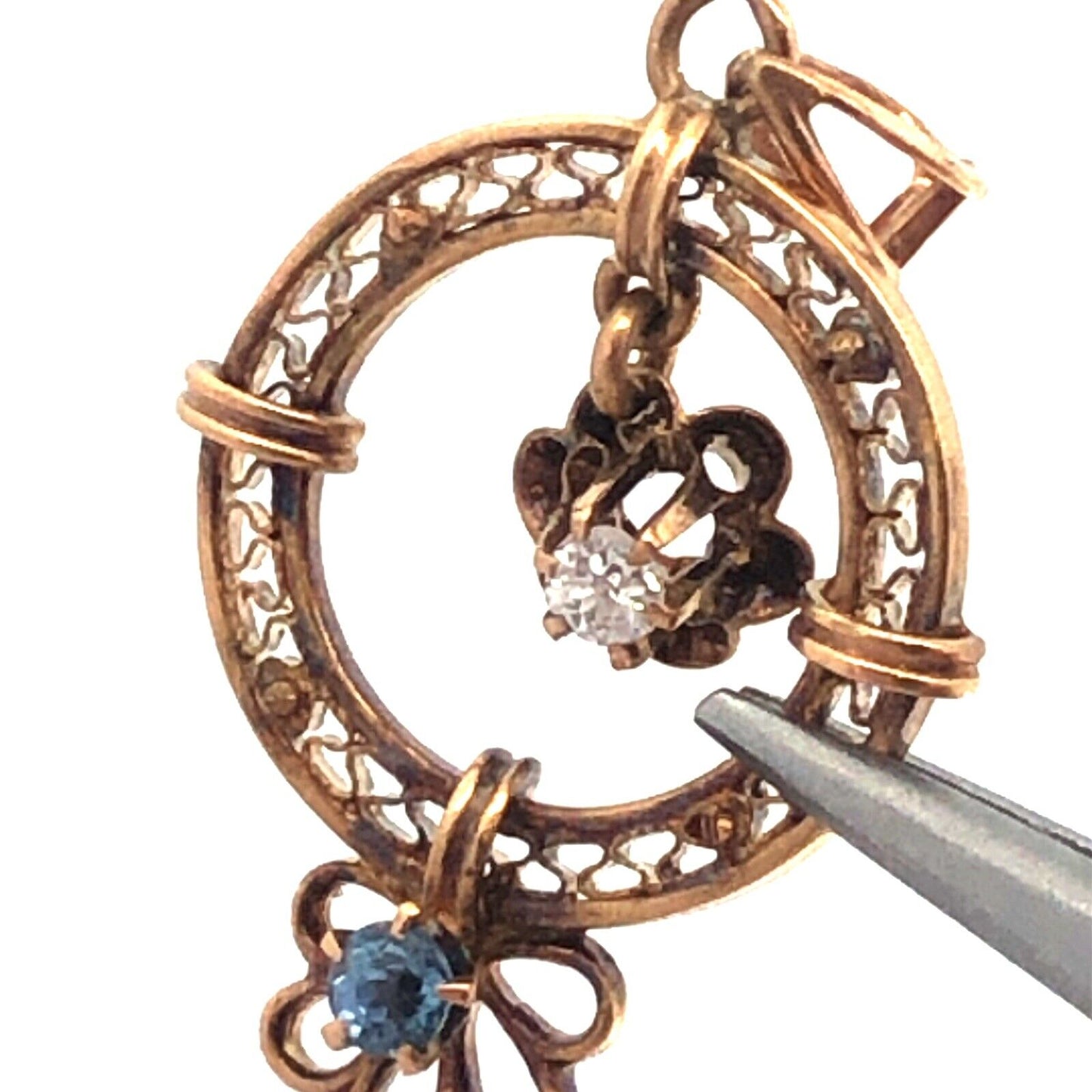 Art Nouveau 10K Yellow Gold Diamond Blue Topaz Pearl Drop Dangle Pendant