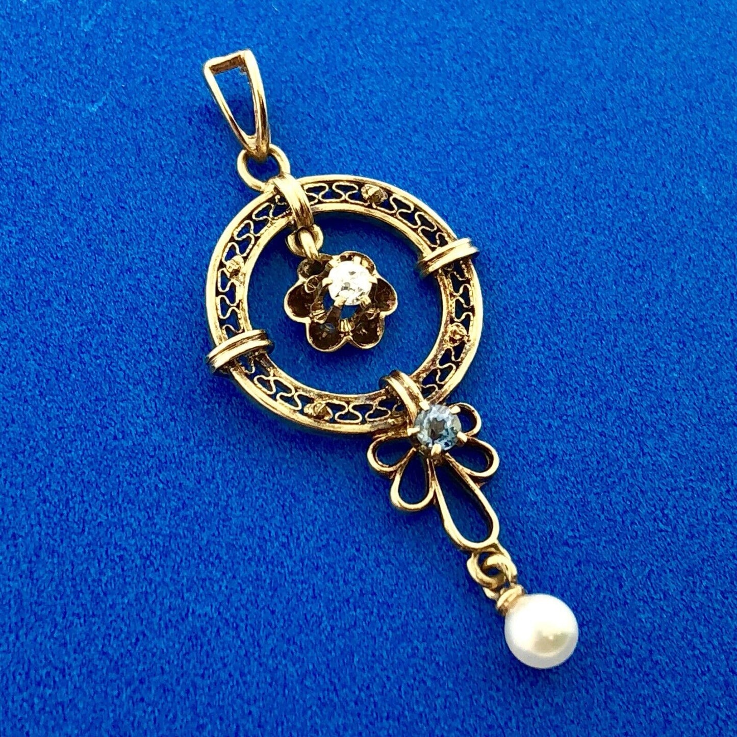 Art Nouveau 10K Yellow Gold Diamond Blue Topaz Pearl Drop Dangle Pendant
