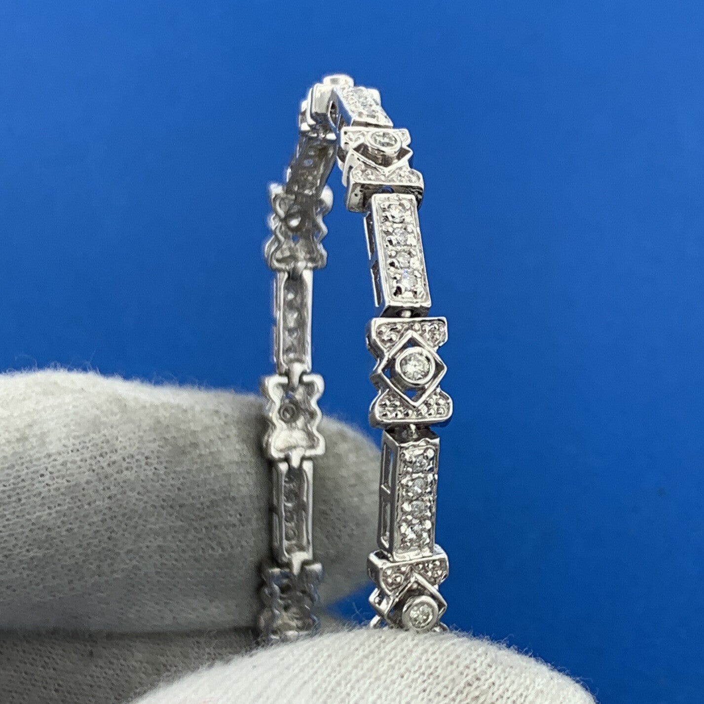 14K White Gold Diamond Panel Bar Link Tennis Bracelet