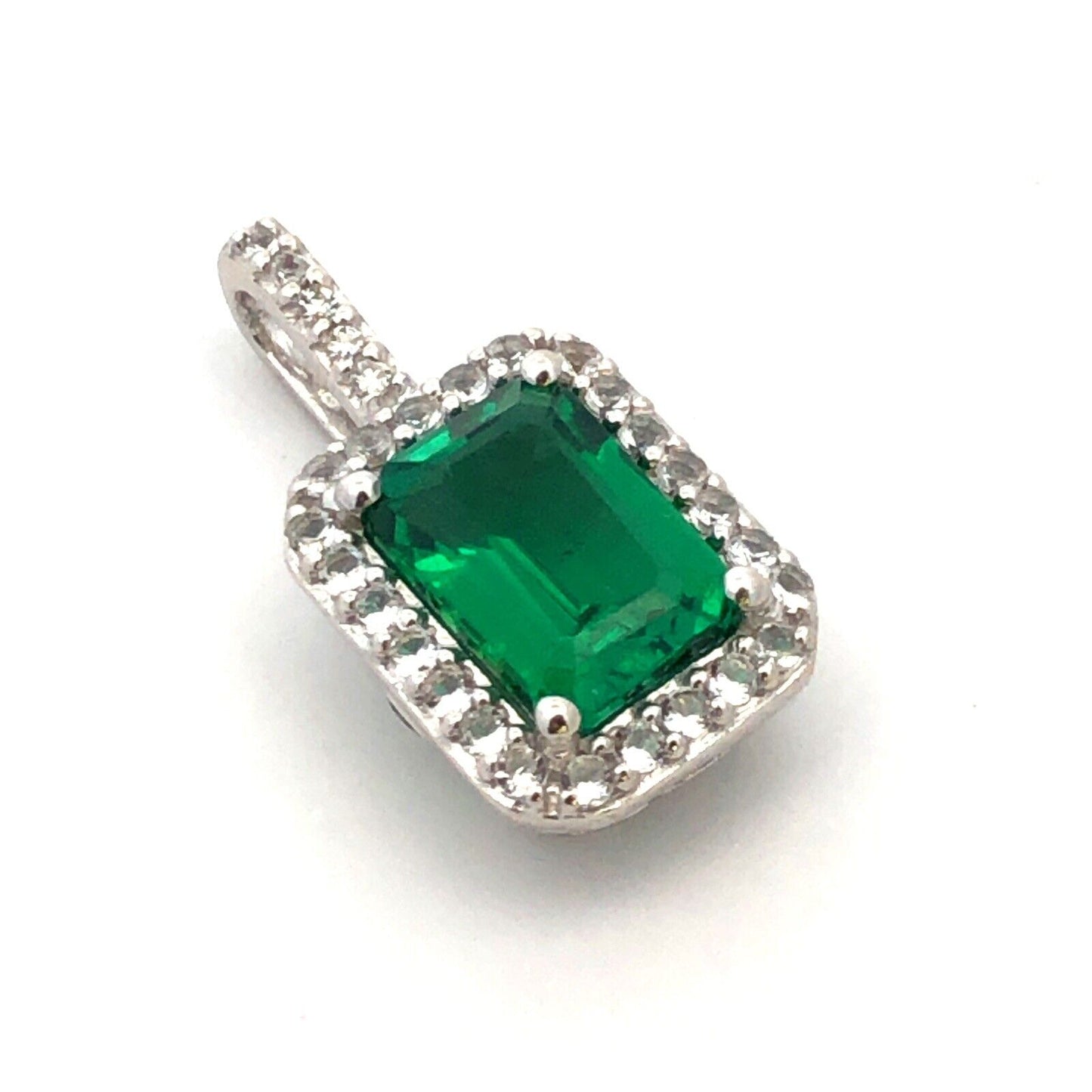 Designer A 10K White Gold Green Emerald Cut Emerald White Sapphire Halo Pendant