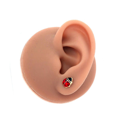 Designer JCM 14KT Yellow Gold Red Black Enamel Lady Bug Stud Earrings