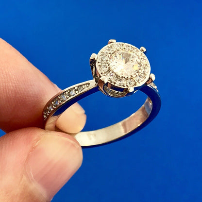 Sterling Silver 925 Cubic Zirconia White Sapphire Halo Engagement Promise Ring