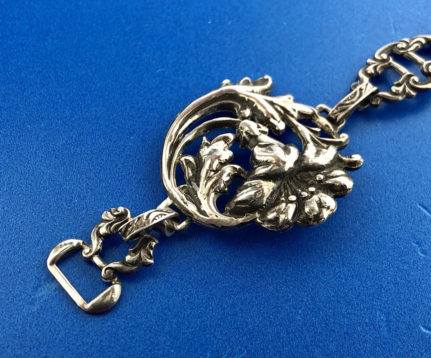 Vintage Art Deco Sterling Silver 925 7.5" Womens Floral Link Bracelet