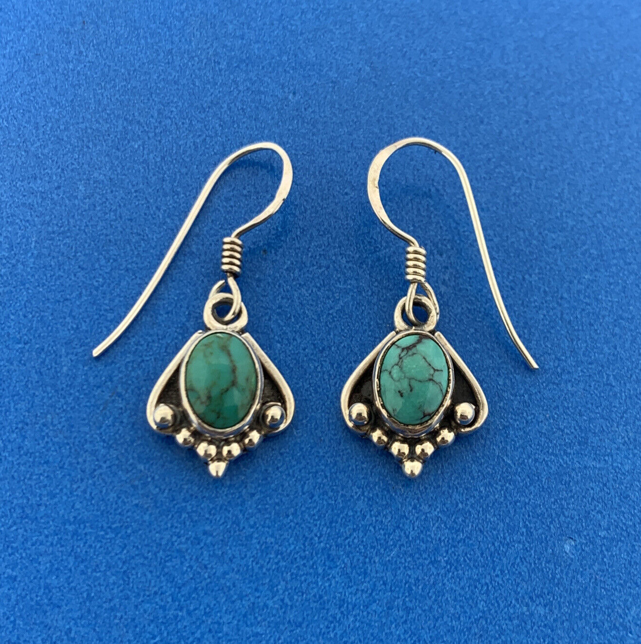 Vintage 925 Sterling Silver Turquoise Cabochon Bead Work Drop Dangle Earrings