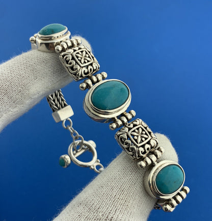 Designer 925 Sterling Silver Oval Turquoise Trio Statement Toggle Bracelet