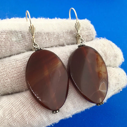 Retro Silver Toned Banded Agate Modernist Wave Statement Dangle Earrings