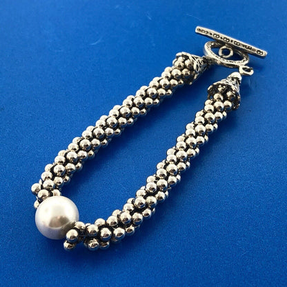 Elegant 925 Sterling Silver Pearl Solitaire Ball Bead Snake Toggle Bracelet