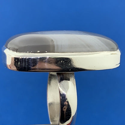 Retro 925 Sterling Silver Rectangle Banded Agate Statement Cocktail Ring