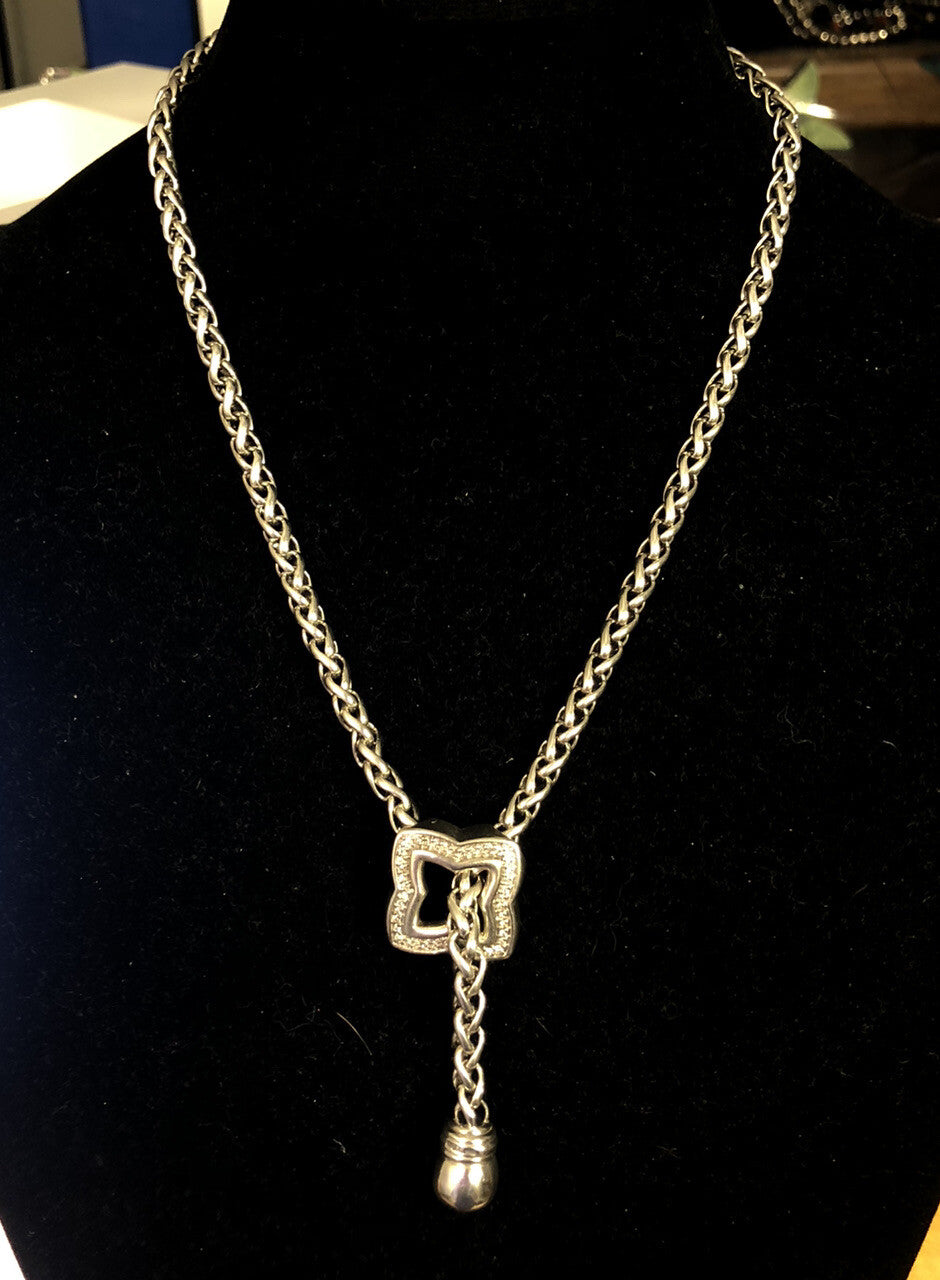 Retired David Yurman 925 Sterling Silver Diamond Quatrefoil Lariat Necklace