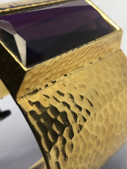 IMAN CN Gold Tone Hammered Metal Purple Cubic Zircoina Statement Cuff Bracelet
