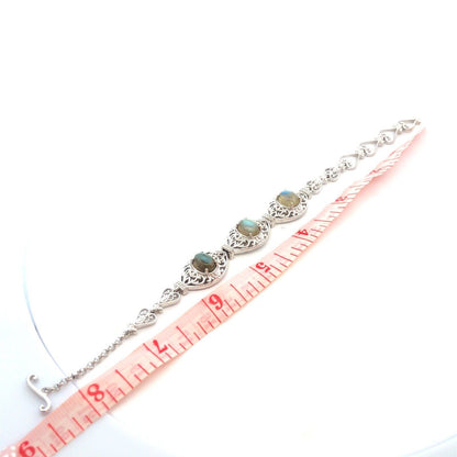 Designer STS Karis Silver Plate Oval Labradorite Open Work Scroll Heart Bracelet