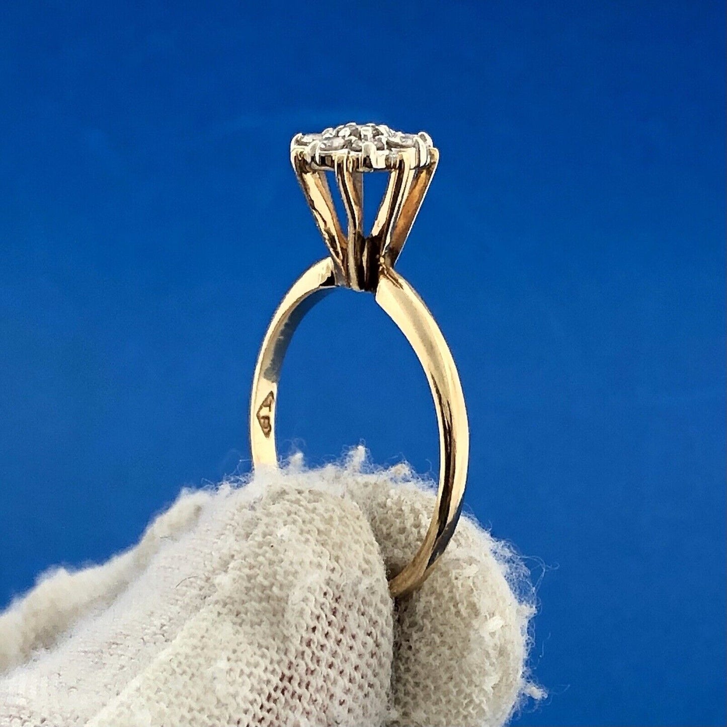 70's 14K Yellow Gold Diamond Floral Cluster Empire Top Anniversary Cocktail Ring