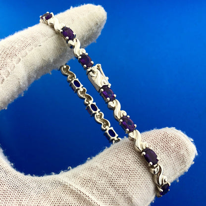 Sterling Silver 925 Oval Amethyst S Link February Anniversary Tennis Bracelet