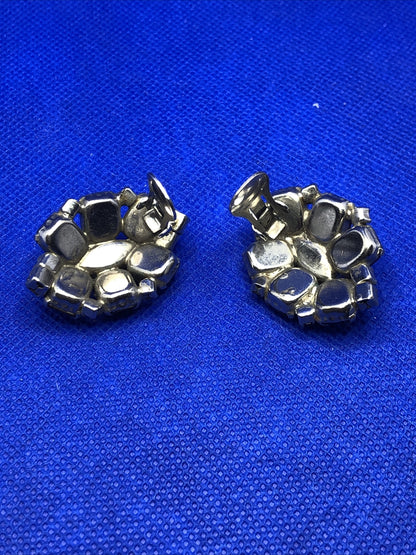 Mid Century Silver Tone Red Glass Rhinestone Statement Clip On Stud Earrings