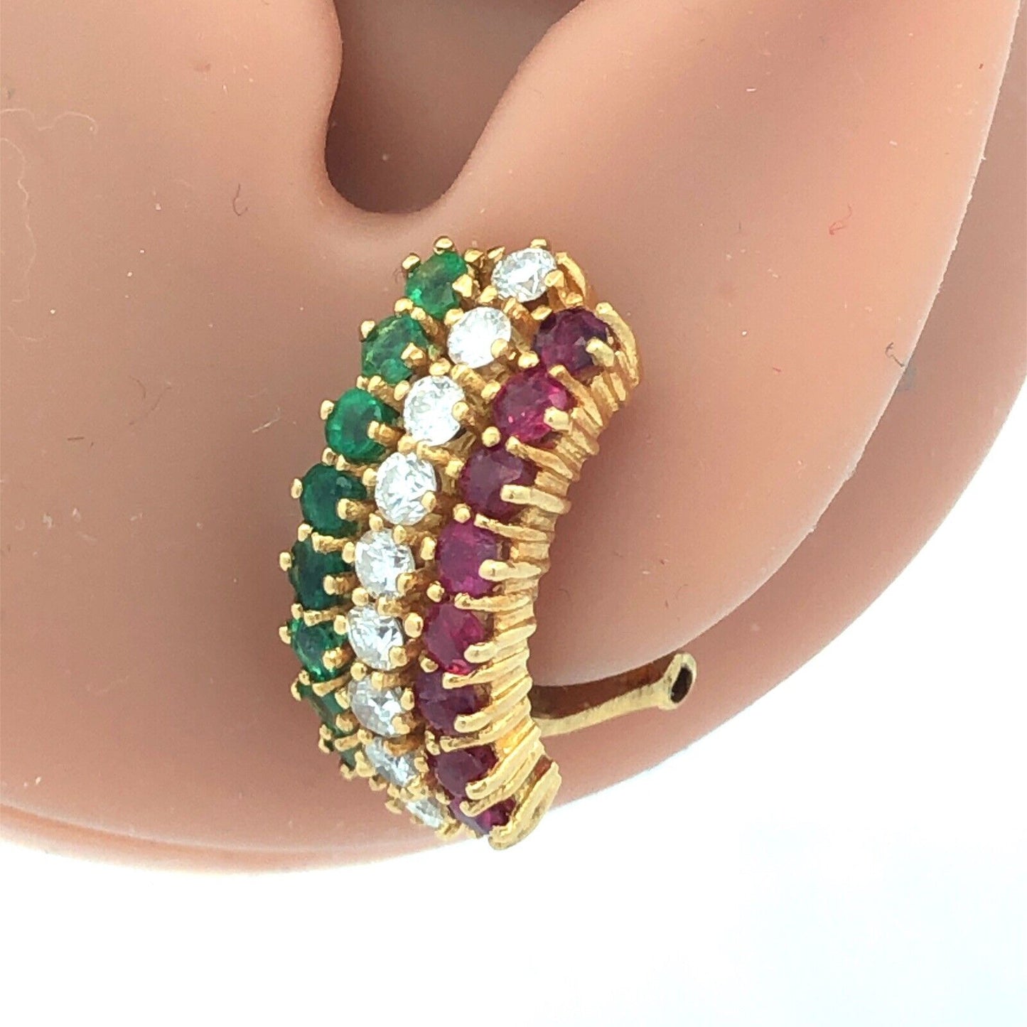 18K Yellow Gold Ruby Emerald Diamond Shrimp Omega Back Earrings